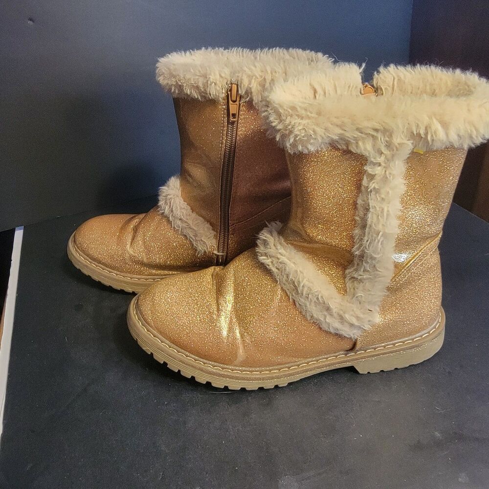 ECHO Girls Gold Glitter Mid-Calf Boots Faux Fur Lined Zip Round Toe Size 5